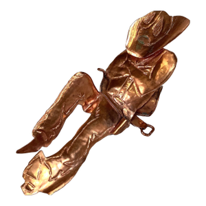 Cowboy Thin Copper Sculpture Figure Western Chaps Saddle Vintage 7.5”l Brutalist