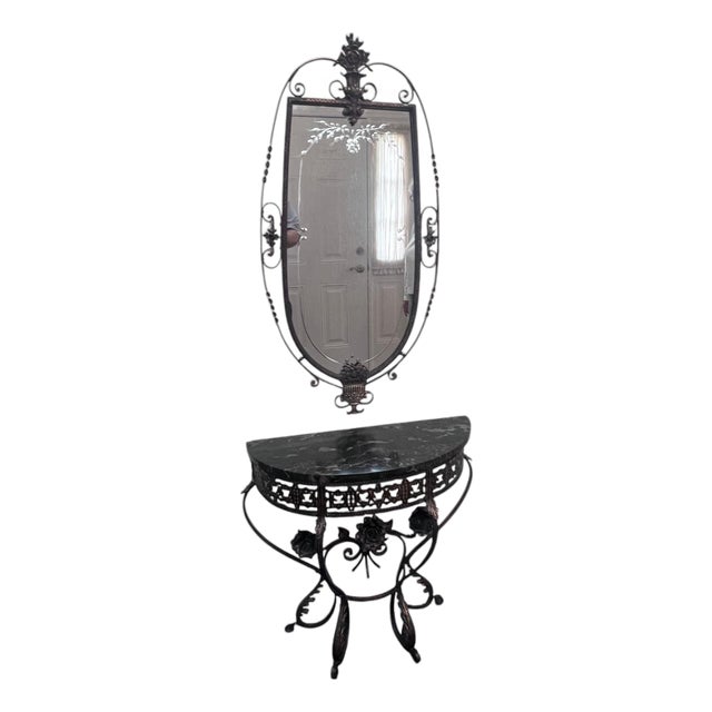 Early 20th Century Oscar Bach Style Marble Top Iron Console Iron Mirror For Sale