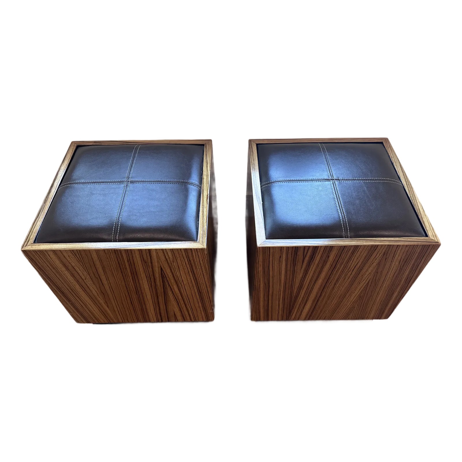 Pair of Modern Wood Cube Stools With Brown Leather Upholstered Tops ...