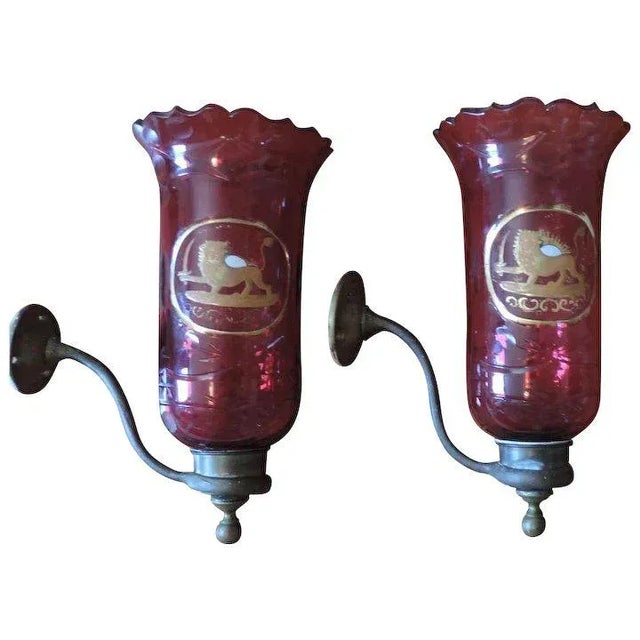 19th Century English Blown & Cut Ruby with Gilt Lion Crest Glass Wall Sconces - A Pair For Sale - Image 11 of 11