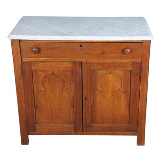 Antique American Victorian Oak & Marble Washstand Bedside Table Vanity Cabinet For Sale