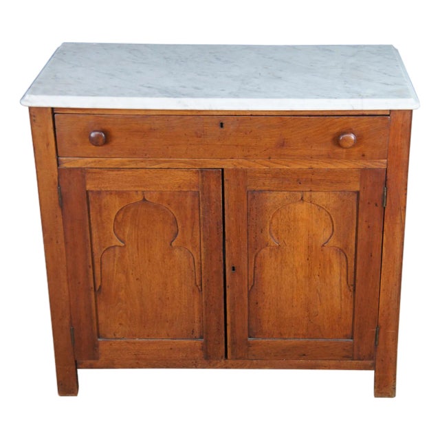 Antique American Victorian Oak & Marble Washstand Bedside Table Vanity Cabinet For Sale