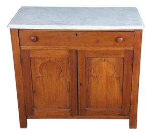 Antique American Victorian Oak & Marble Washstand Bedside Table Vanity Cabinet