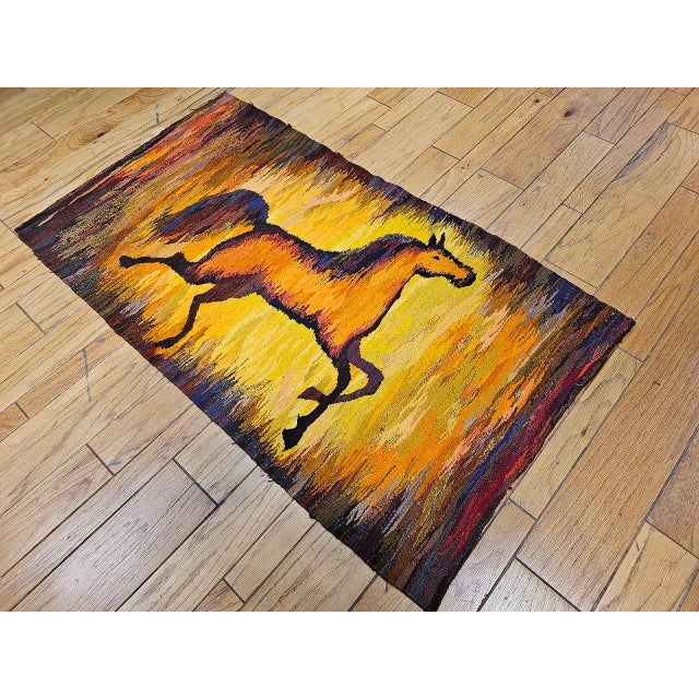 Vintage Mid-Century Handwoven Wool Tapestry, Galloping Horse Design, Yellow & Brown, 38” X 68” For Sale - Image 10 of 11
