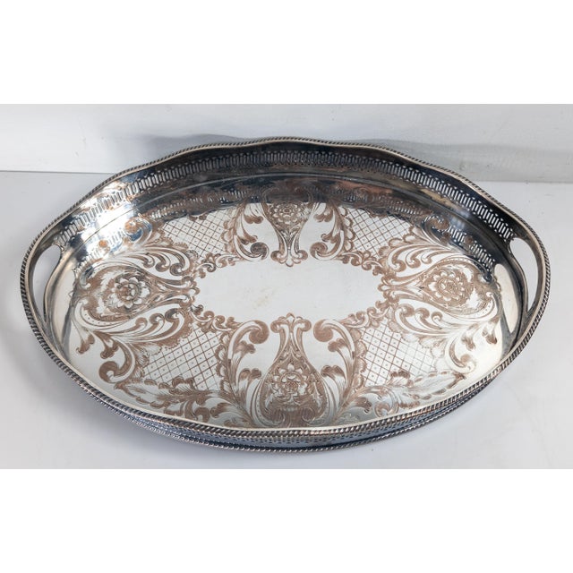Silver Mid-Century English Sheffield Silverplate Drinks Serving Tray With Gallery in Victorian Style For Sale - Image 8 of 12