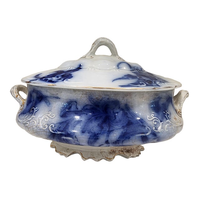 Antique Flow Blue Lidded Serving Dish For Sale