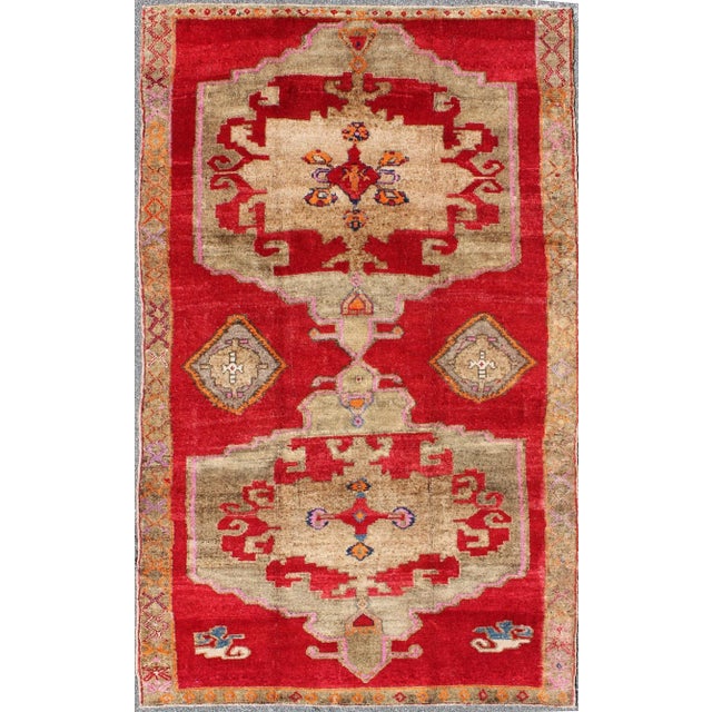 Mid 20th Century Bright Red and Taupe Vintage Turkish Oushak Rug With Dual Medallion Design For Sale - Image 10 of 10
