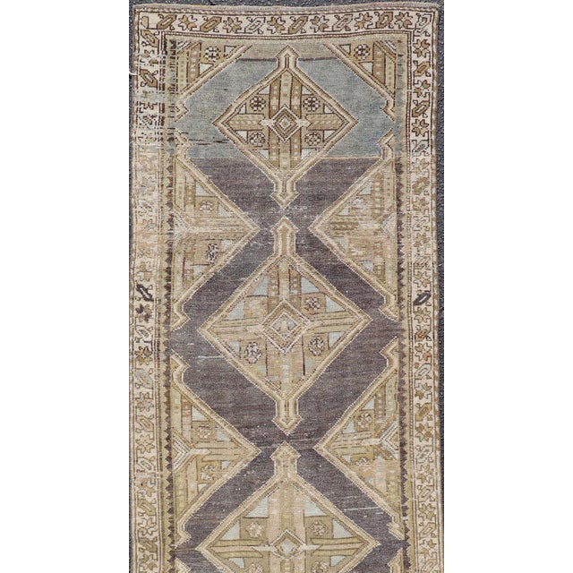 Antique Persian Kurdish Runner With Medallion in Charcoal, Blue, and Acid Green For Sale - Image 9 of 12