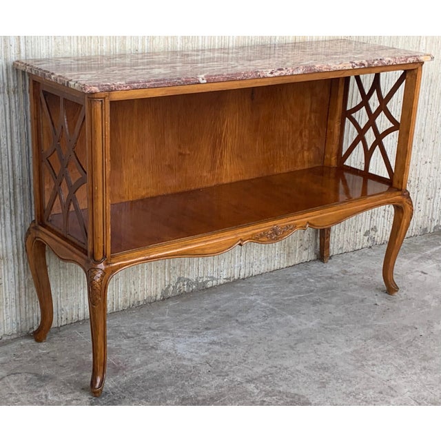 French Provincial Early 20th Century Pair of French Server Sideboard Table Carved Oak Panels with open Shelve For Sale - Image 3 of 18