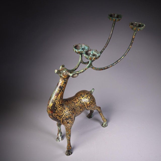 Asian Late 19th Century Gilt Bronze Deer Candelabra With Inscriptions, 2300g, Archaic Motifs For Sale - Image 3 of 10