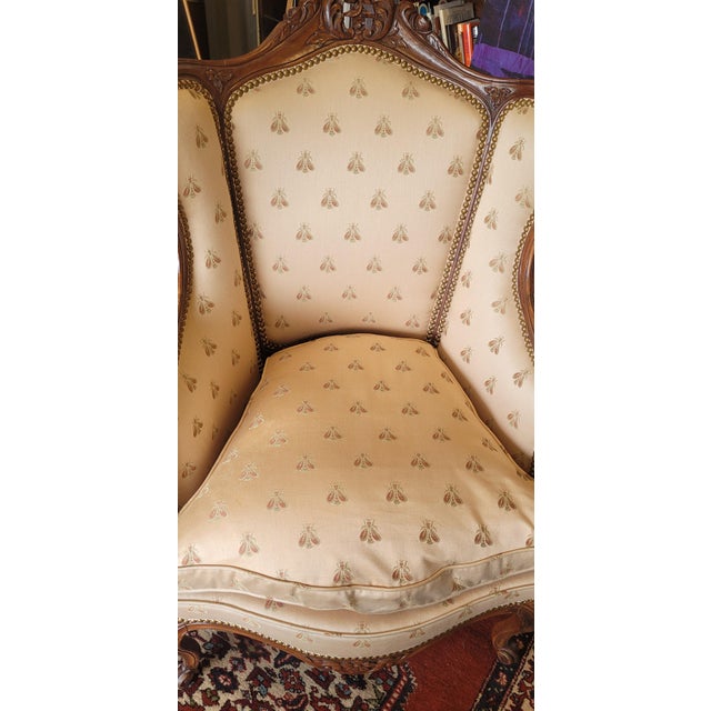 1940s French Carved Wing Chair Bumble Bee Fabric For Sale - Image 11 of 12