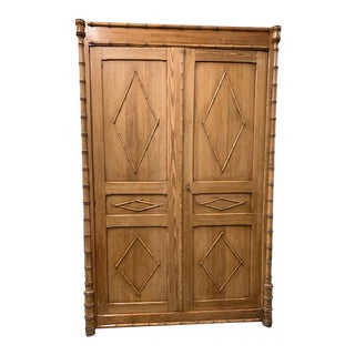 Antique French Pine Two Door Armoire With Faux Bamboo Carved Motif For Sale