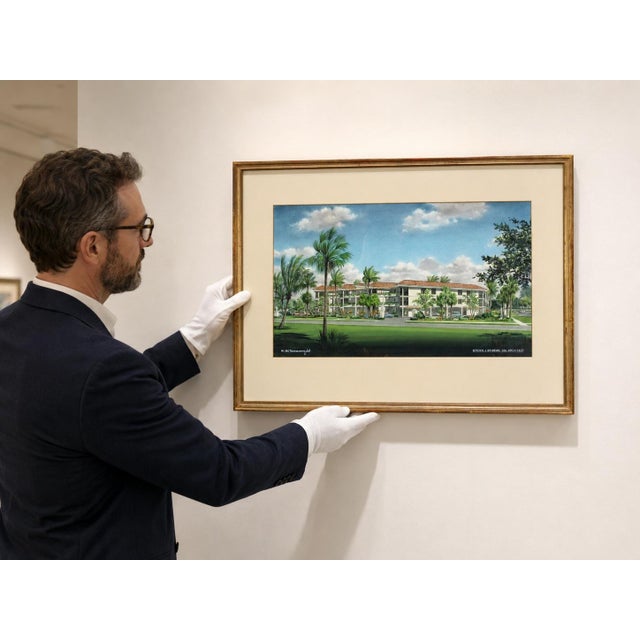 Mid-Century Modern Architectural Renderings Somerset at Moorings, 1970s, Watercolor, Framed, Set of 2 For Sale - Image 3 of 13
