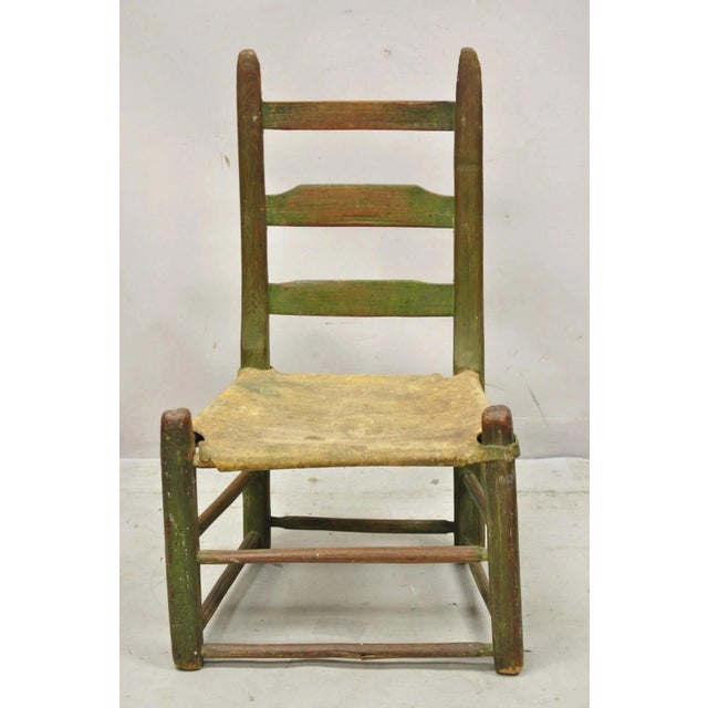 Folk Art Antique Small Ladder Back Green Primitive Rustic Childs Chair W/ Deer Hide Seat For Sale - Image 3 of 12
