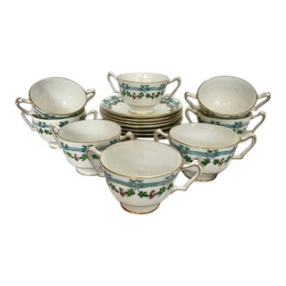 Vintage English Crown Staffordshire Floral Fruit Cups With Saucers Set- 16 Pieces For Sale