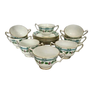 Vintage English Crown Staffordshire Floral Fruit Cups With Saucers Set- 16 Pieces