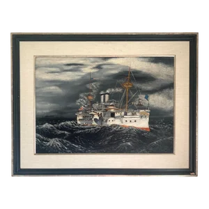 Antique Oil Painting of Uss Maine Battleship in the Havana Harbor
