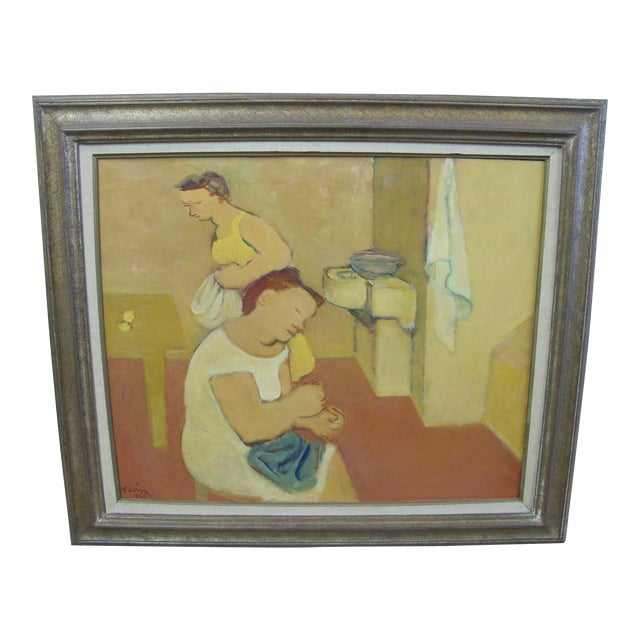 Maurice Savin French Signed Framed Oil Painting 2 Women Interior Avec Femme For Sale