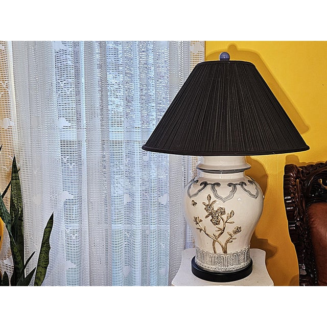 Late 20th Century Chinese Chinoiserie Porcelain Table Lamp With Relief Floral Motif & Black Shade, 30"h For Sale - Image 12 of 18