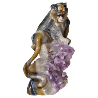 Hand-Carved Gemstone Tiger Agate on Amethyst Rock For Sale
