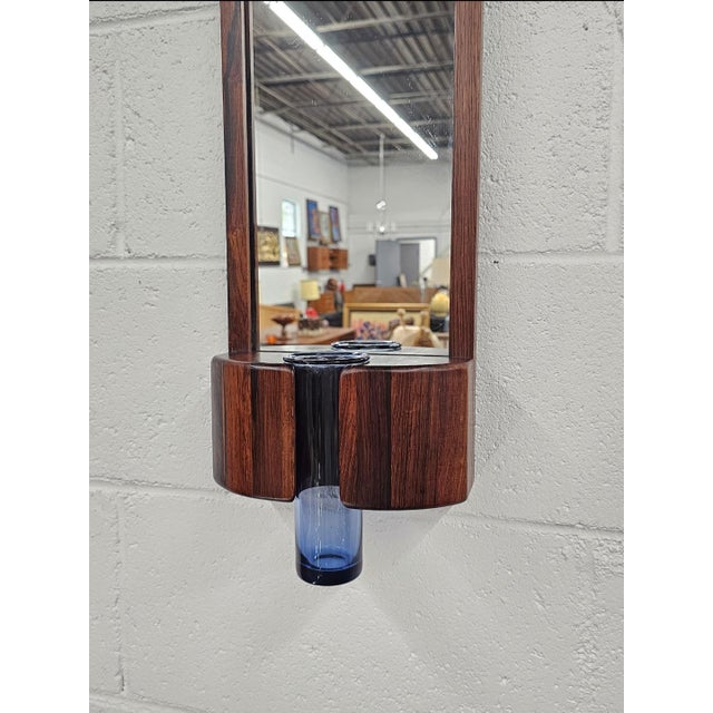 Randers Møbelfabrik Danish Modern Rosewood Mirror With Blown Glass Bud Vase by Jacob Hermann for Randers Mobelfabrik For Sale - Image 4 of 4