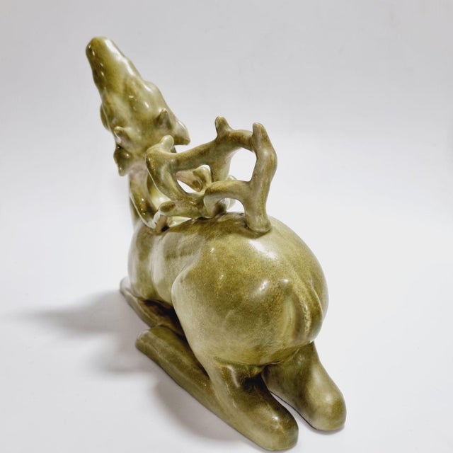 Art Deco Italian Glazed Ceramic Recumbent Deer Sculpture from Fidia Milano, 1940s For Sale - Image 4 of 15