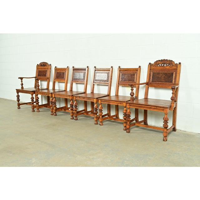 Romweber Early Romweber Antique English Jacobean Carved Oak and Burl Wood Dining Chairs, Set of Six For Sale - Image 4 of 13
