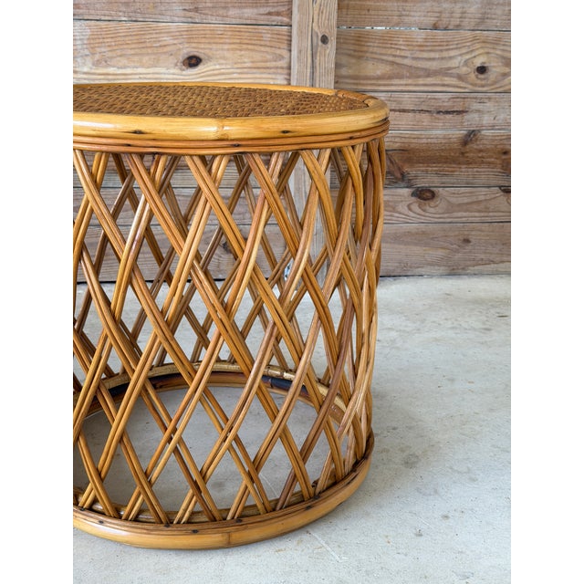 Tan Vintage Boho Organic Modern Drum Form Rattan Side Table With Woven Top For Sale - Image 8 of 11
