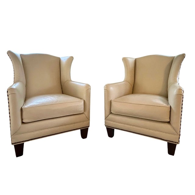 Pair Vintage Henredon Wingback Chairs – Ivory Leather, Geometric Pattern, Nailhead Trim For Sale - Image 12 of 18