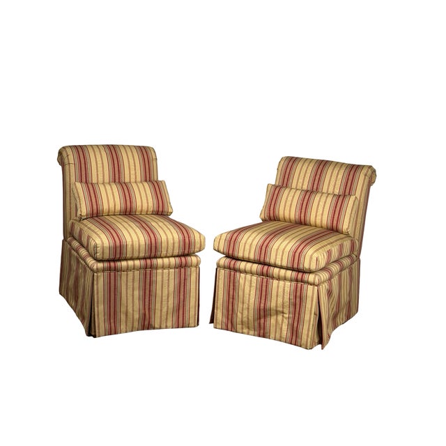 Traditional Pair of Upholstered Striped Slipper Chairs With Lumbar Pillows For Sale - Image 3 of 8