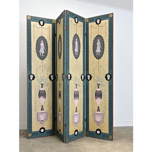 English, early 20th century hand-painted folding screen in the style of the Bloomsbury Group, circa 1910-1930. This...