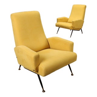 Vintage Lounge Chairs in Green Fabric and Brass, Italy, 1960s, Set of 2 For Sale