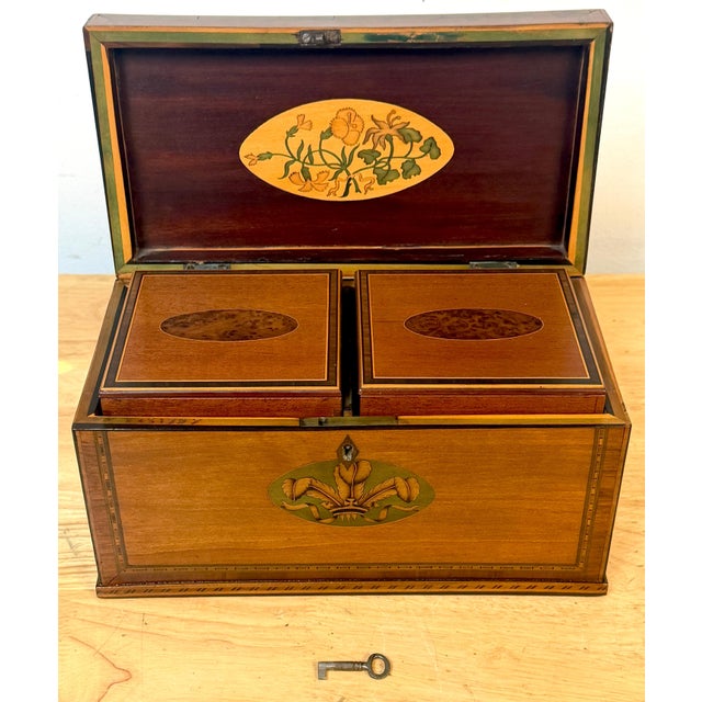Art Deco Documented Georgian /Sheraton Marquetry Tea Caddy, with Prince of Wales Feathers For Sale - Image 3 of 18