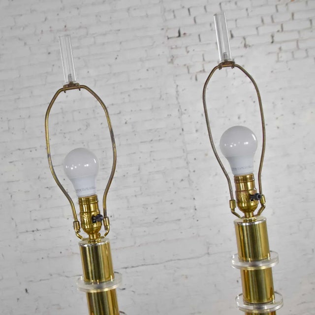 1970s Modern Hollywood Regency Lamps Lucite & Brass Plate Black With Shades Style Karl Springer - A Pair For Sale - Image 10 of 16