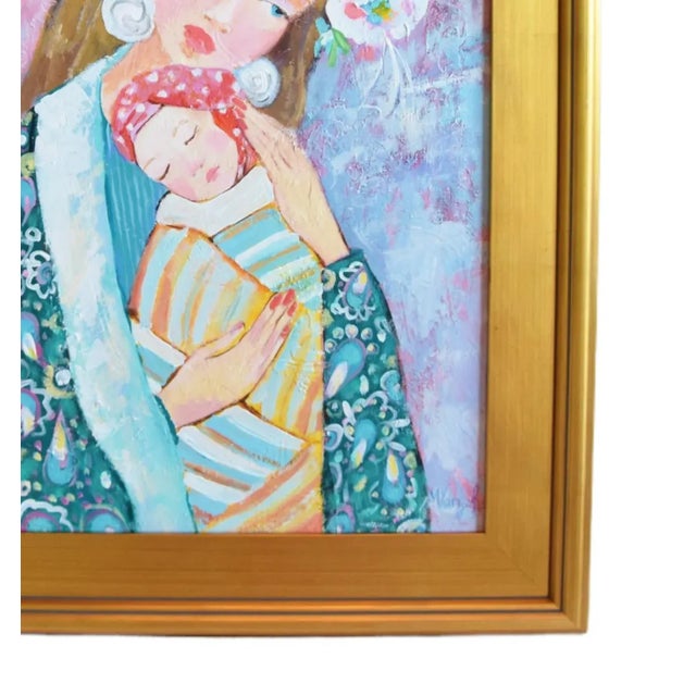 Lady W/ Colorful Floral Flower Headdress & Baby Portrait Painting W/ Antiqued Gold Wood Frame For Sale - Image 4 of 7
