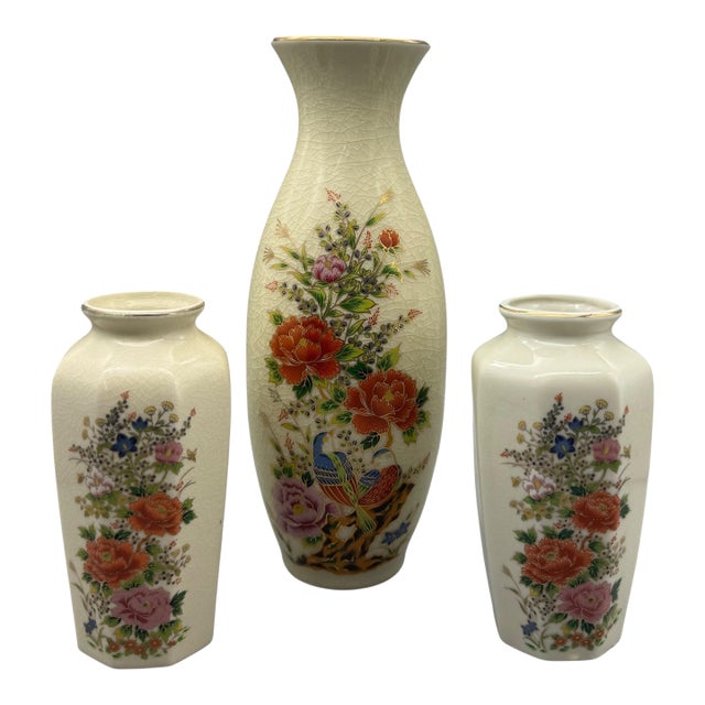 Vintage Japanese Satsuma Style Porcelain Floral Decorative Vases - Set of 3 For Sale