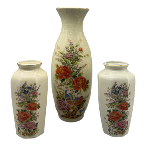 Vintage Japanese Satsuma Style Porcelain Floral Decorative Vases - Set of 3