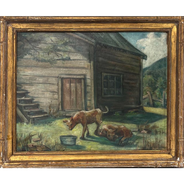 Gold Antique Tonalist Painting Farmyard With Animals Signed Charles P. Gruppe. For Sale - Image 8 of 9