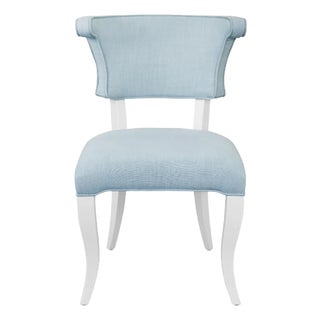 Matthew Izzo Home Eloise Light Blue Performance Linen and Matte White Lacquer Round Back Dining Chair For Sale