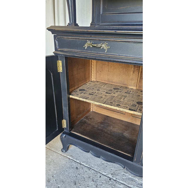 Black Antique French Cabinet, Distressed Black, Rococo Style, Buffet Cabinet Deux Corps, For Sale - Image 8 of 18