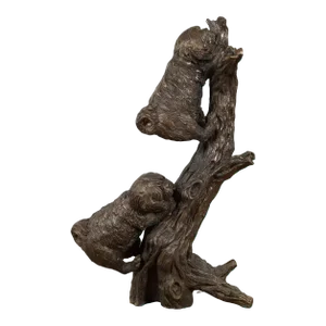 Contemporary Lost Wax Bronze Sculpted Group of Two Dogs Climbing Up a Tree