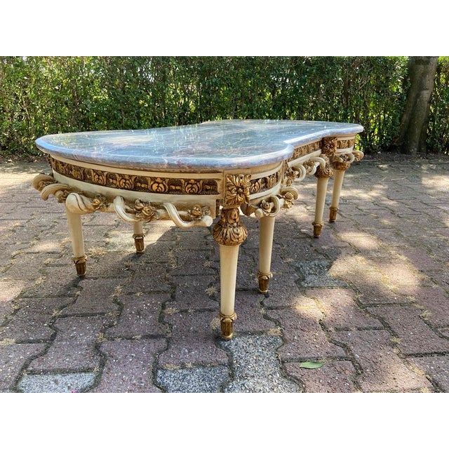 1980s Louis XVI Style Antique White Beech Marble Coffee Table For Sale - Image 15 of 18