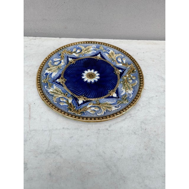 Rare blue French Majolica plate with flowers and acanthus leaves Orchies, circa 1890.