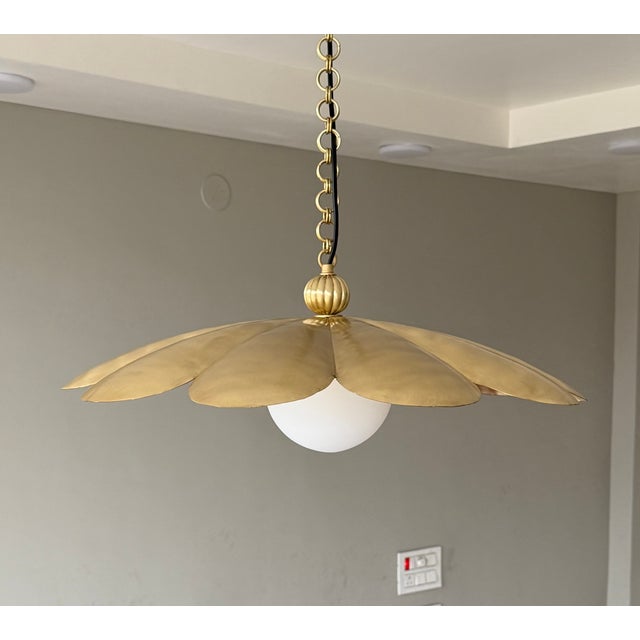 Brass Pure Brass Handmade Pendant Light, Brushed Brass Flower Chandelier, Milk Glass Globe Pendant Lamp, Floral Lighting Fixture For Sale - Image 8 of 9