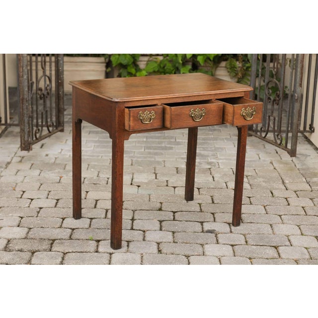 Brown English 1780s Georgian Oak Side Table with Marlborough Legs and Chinoiserie For Sale - Image 8 of 11