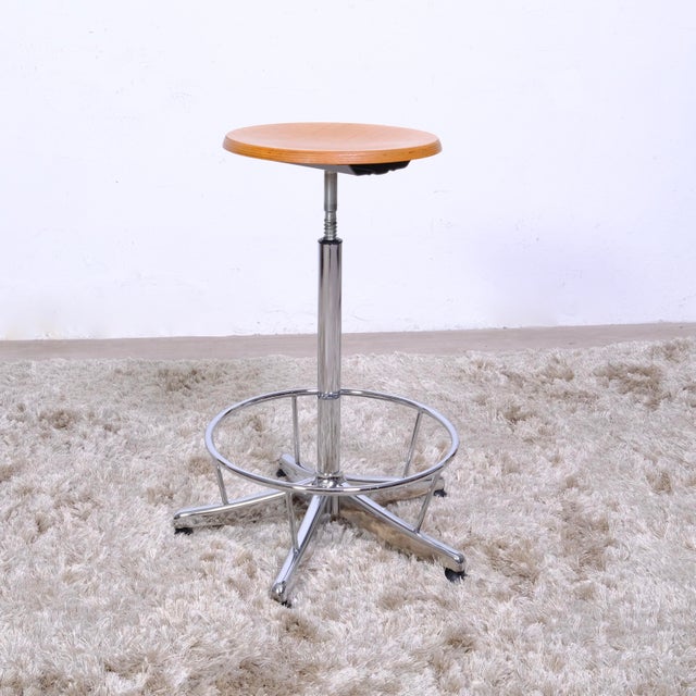 Industrial Adjustable Office Stool in Metal with Wooden Seat For Sale - Image 11 of 16