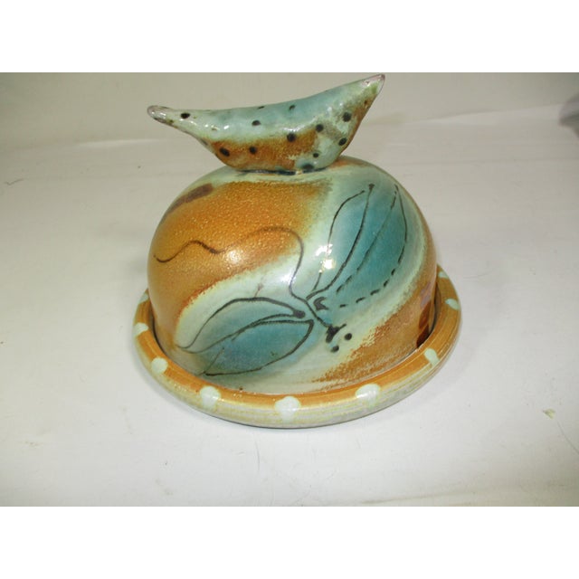 Copper Signed Studio Pottery Cheese Plate With Bird Dome For Sale - Image 8 of 9