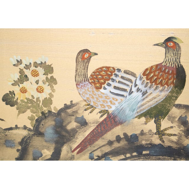 C. 1970s Showa Era Japanese Painted Silk Byobu Screen "Pheasants and Sakura" For Sale - Image 12 of 18