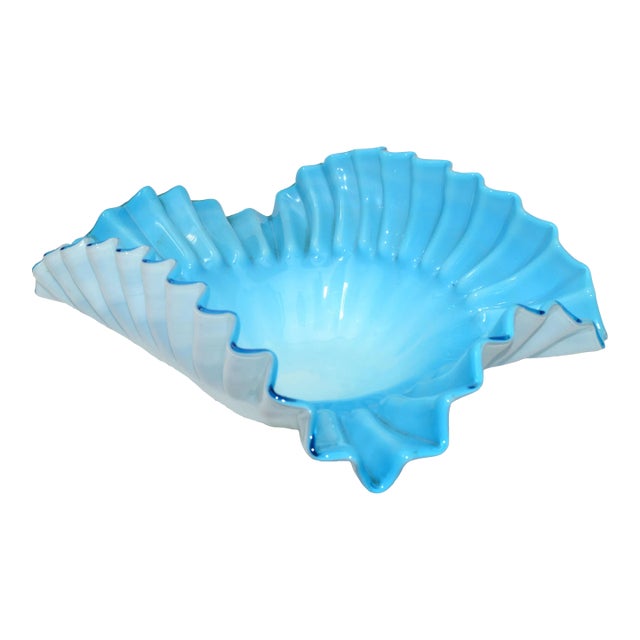 Turquoise Blue & White Cased Ruffled Murano Art Glass Bowl Italy Midcentury 1970 For Sale