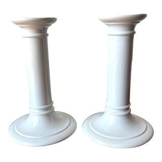 French White Ceramic Candle Sticks-a Pair For Sale